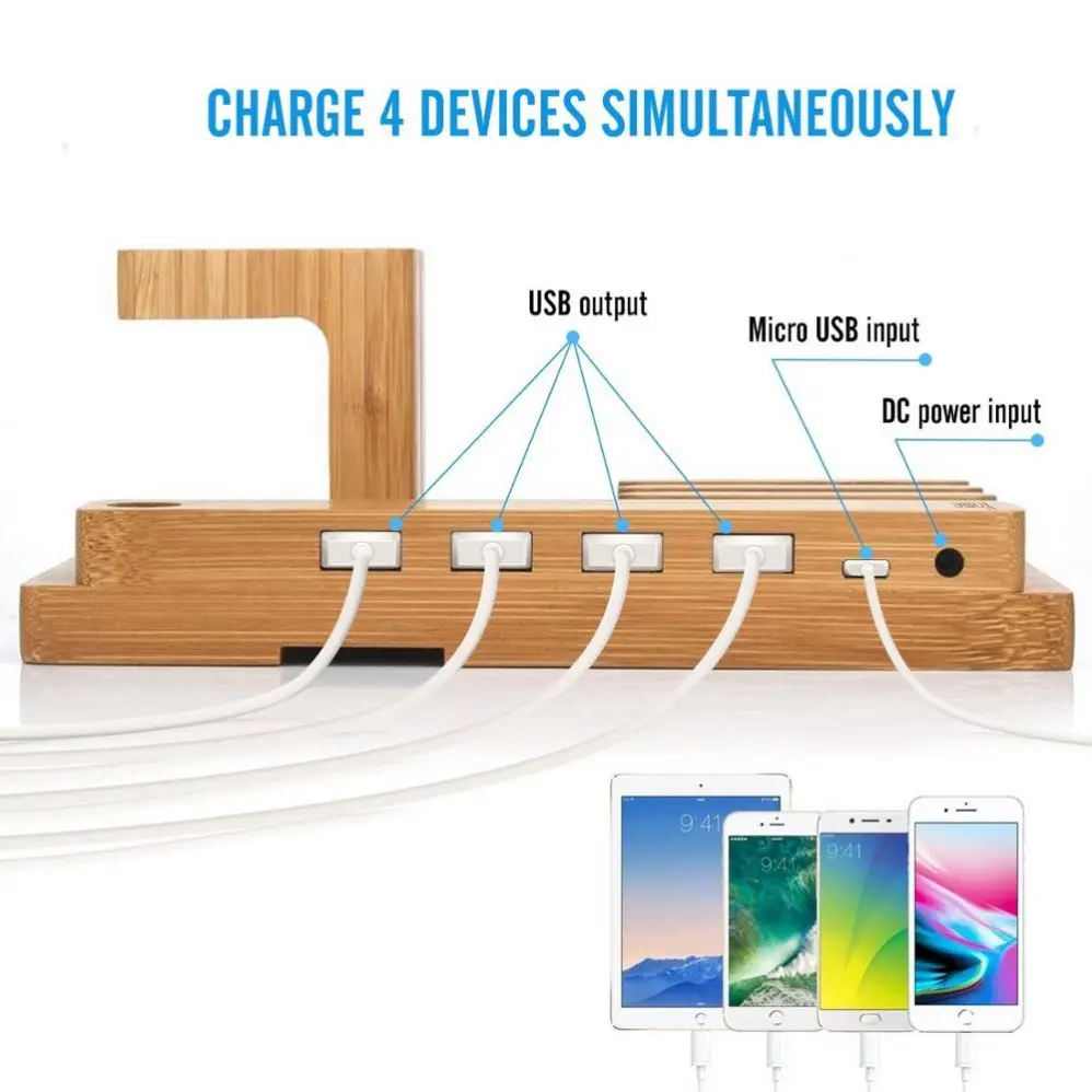 Watch Stand Wood Charging Dock Station With 4-Port Usb,Multi-Device Organizer Cradle Bamboo Holder For