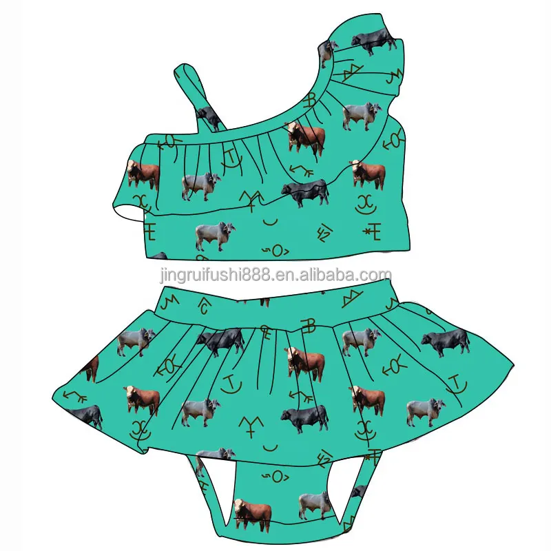 2024 New Arrival Denim Print Kids Two-pieces One Shoulder Ruffle Skirted Shorts Beach Bathing Swimwear for Kids Girls Boys