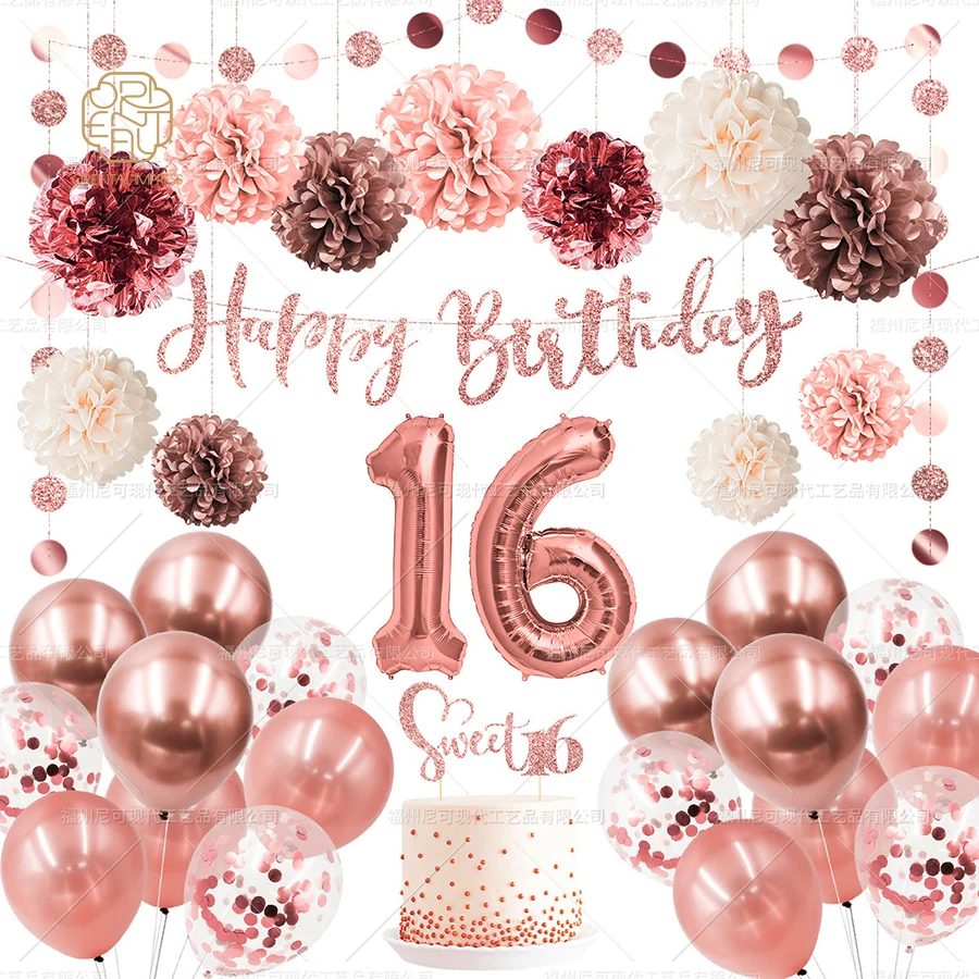 Hot Sale 33pcs Birthday Party Set Rose Gold Party Supplies Decorations Sweet 16