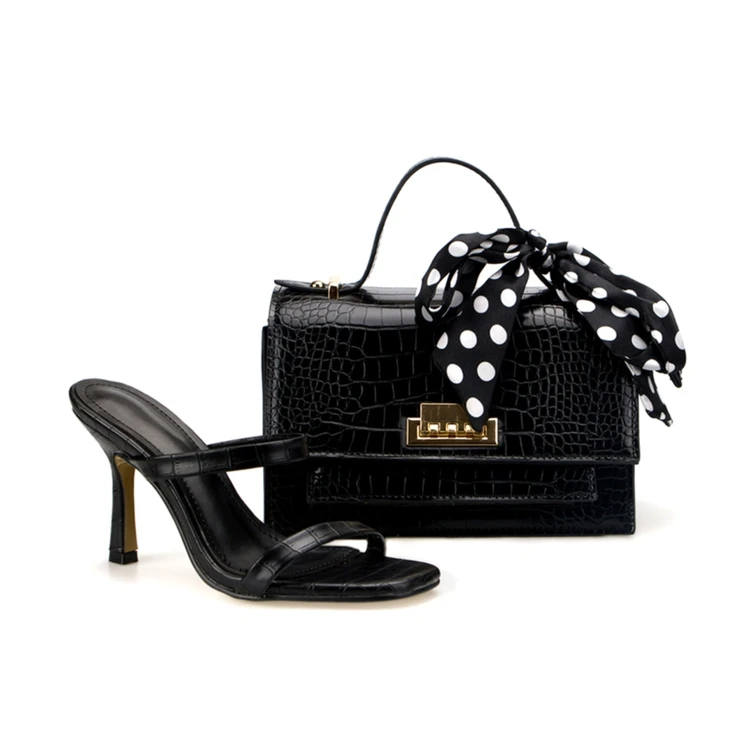 New Arrival High Quality European Style Fashion Pu Medium Heels And Rivet Matching Bag Set For Women And Ladies