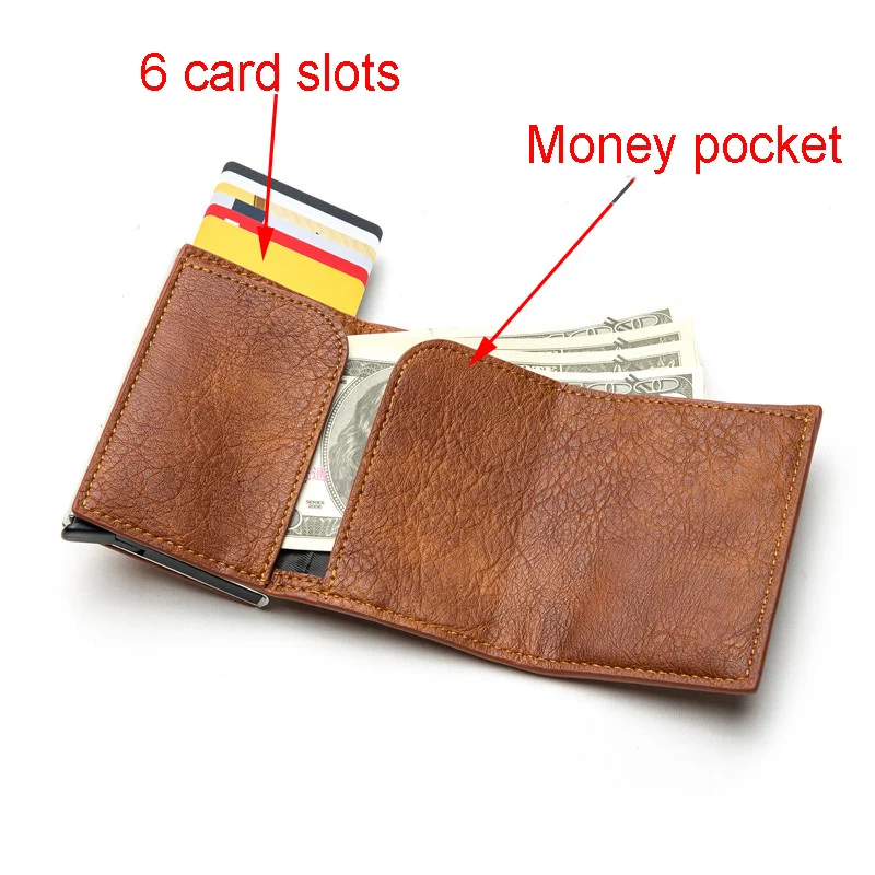 Hot Sale Travel Metal Business Bank Card Case Pop Up Rfid Blocking Pu Leather Card Holder With Window Id Pocket Wallet For Men