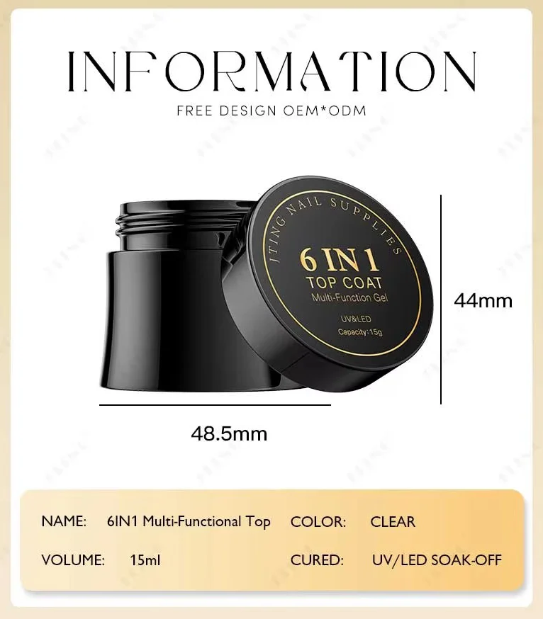 JTING 6in1 Multifunction Gel Shiny Hard Top Coat Various Effect Construction Builder Modelling Leveling Nail Polish