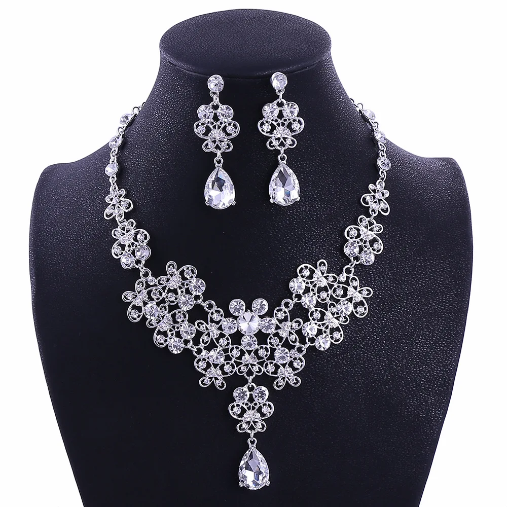 Wholesale Girl Bling Bride Hair Accessories Tiaras Earrings Necklace Wedding Crown Jewelry Set With Box