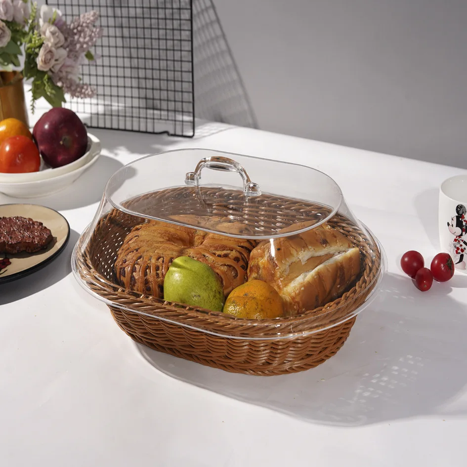 Small Fruit PP Rattan Rectangular Storage Baskets Kitchen Food Bread Weave Plastic Woven Basket With Lid