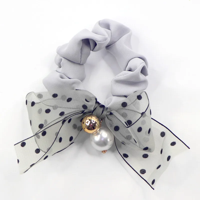 Japanese Korean Lace Bow Pearl Hair Ties Holiday Fairy Ribbon Fabric Knot Hair Scrunchies For Girls Wholesale