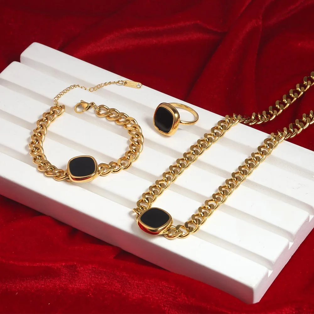 18k Gold Plated Cuban fashion chain charm wedding gifts znecklace bracelets stainless steel jewelry set for women