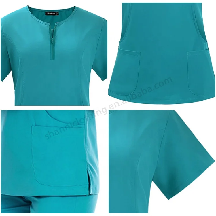 Wholesale Female Polyester Fabric Zipper O-Neck Scrub Suits with Surgical Hat Medical Clothes Uniforms