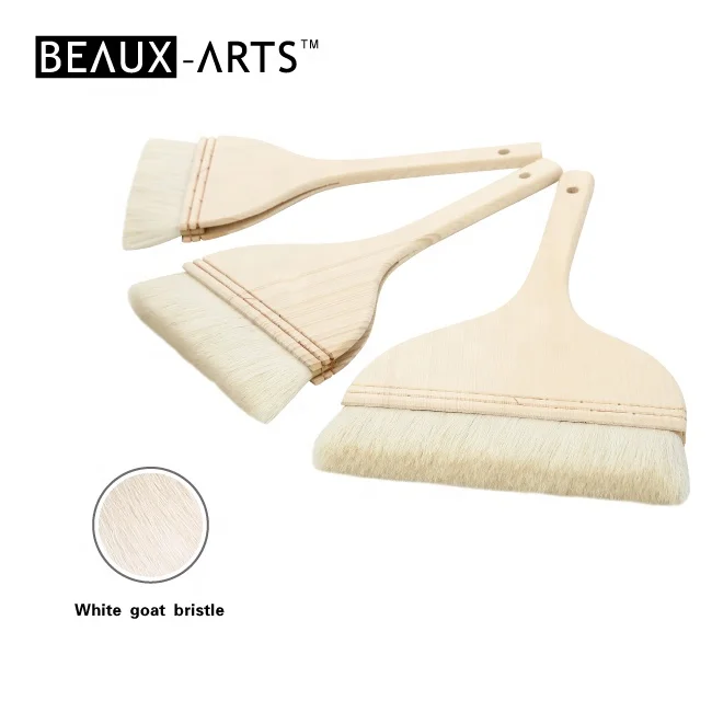 Professional Pure Goat Hair Flat Shading Paint Brushes Long Pine Wooden Handle Watercolor Wool Hake Brush