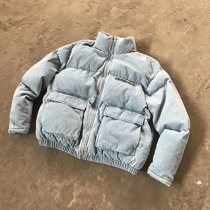 YYSY Custom factory padded denim jacket bubble filled down coats thick warm denim jacket for men