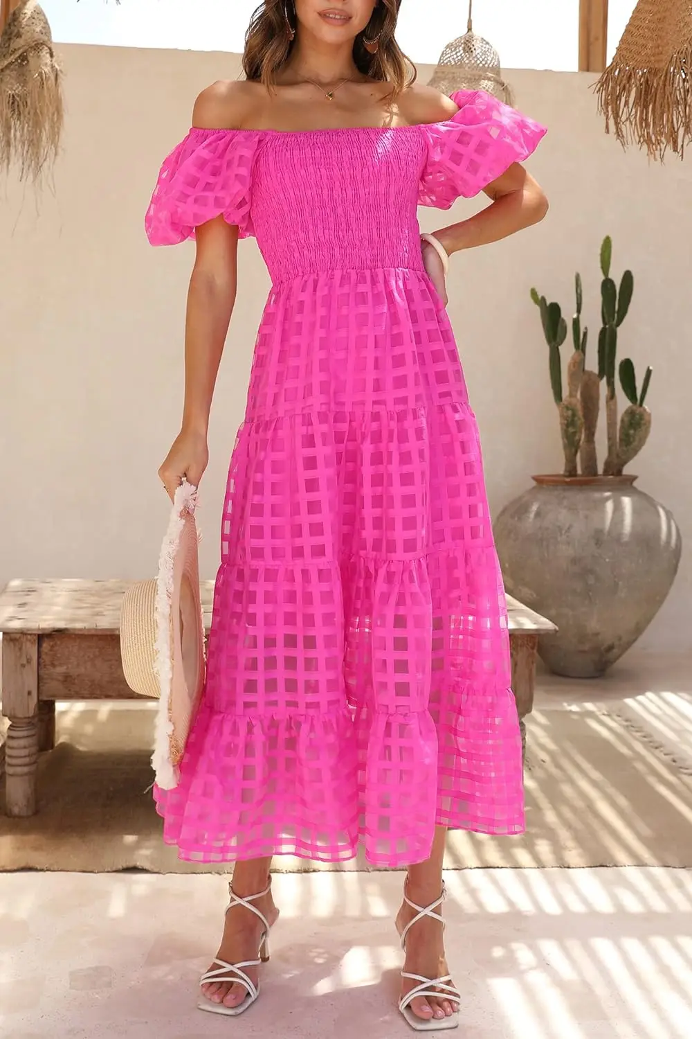 Women Off Shoulder Puffy Short Sleeve Square Neck Tiered Ruffle Midi Dress
