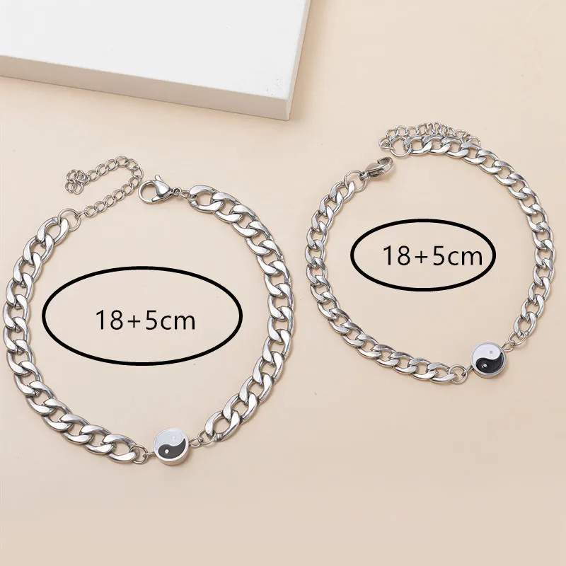 2Pcs/Set Tai Chi Charm Bracelet Yin Yang Pendant Stainless Steel Bracelets for Couples Men Women Friendship Bracelets