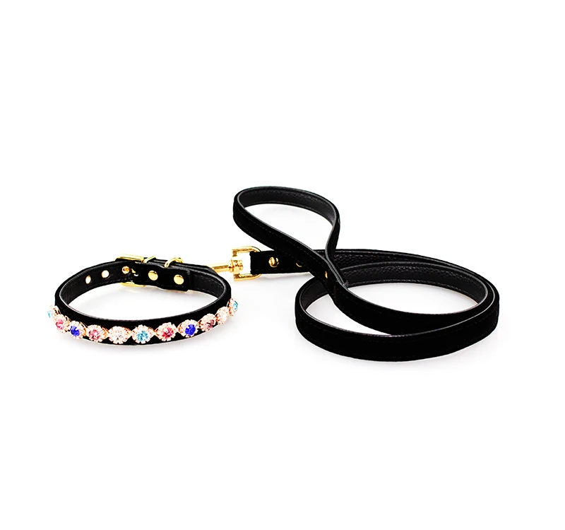 2021 new luxury gold buckle color gem inlaid velvet leather dog collar