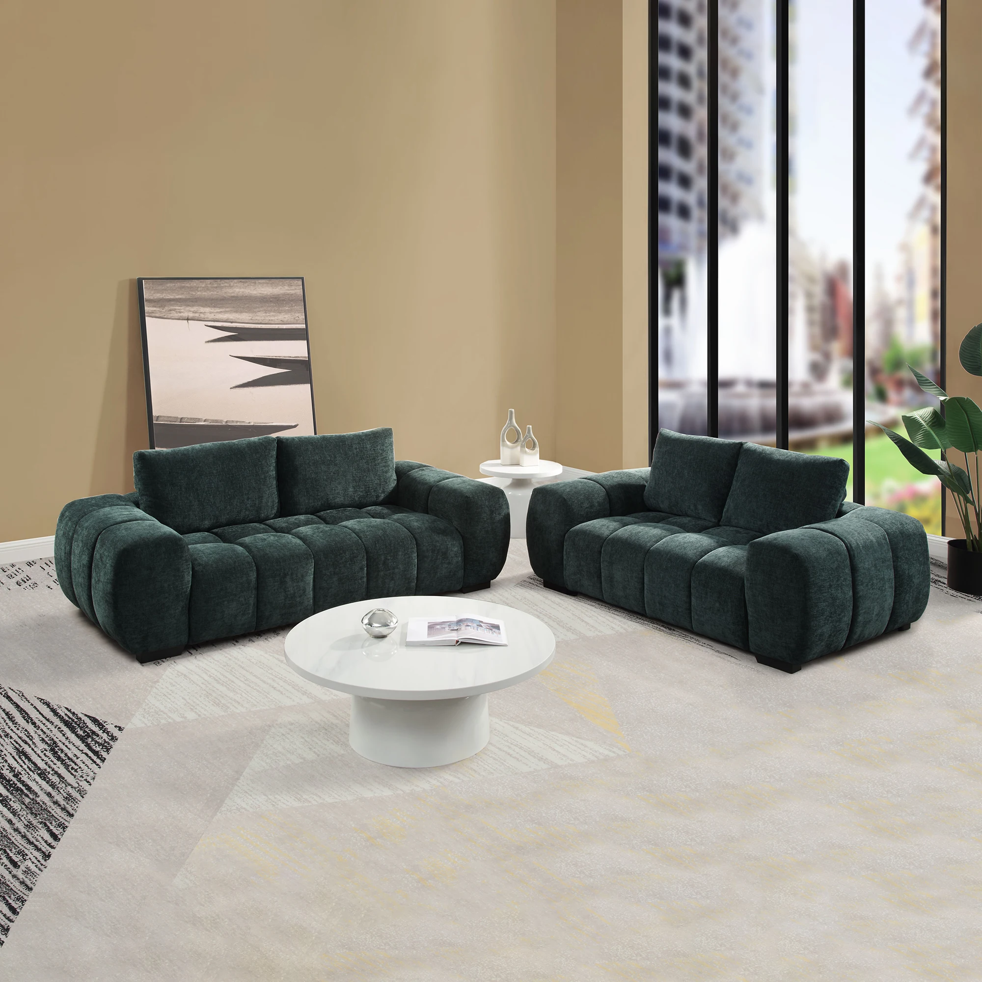 Sofa Green Chenill Italian Style Very Simple Home Living Room Modern Set in Ivory