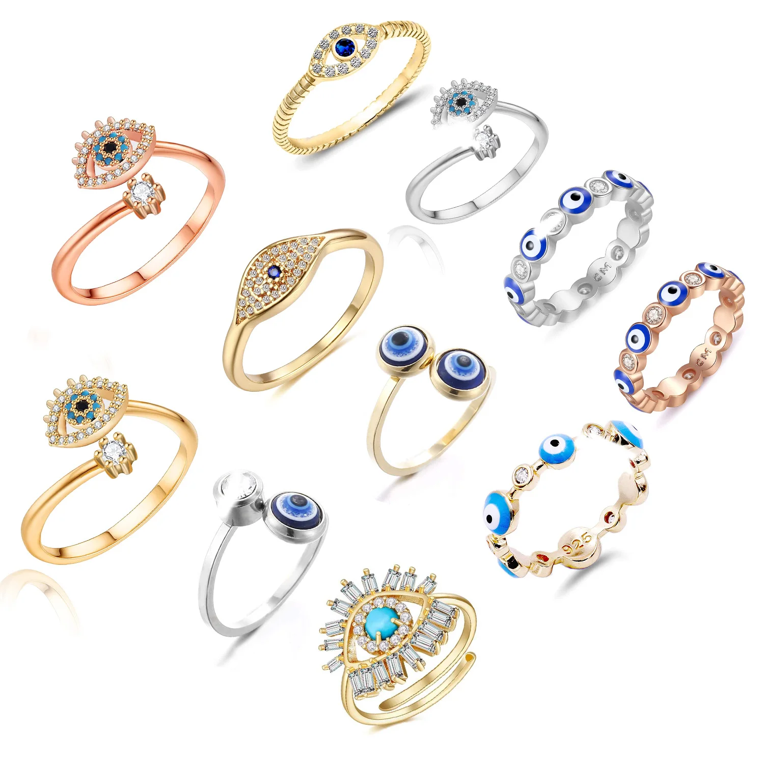 Fashion Transparent Hamsa Stones Dome Neon 18K Gold Plated Adjustable Stainless Steel For Women Diamond Rose Dainty Eye Ring