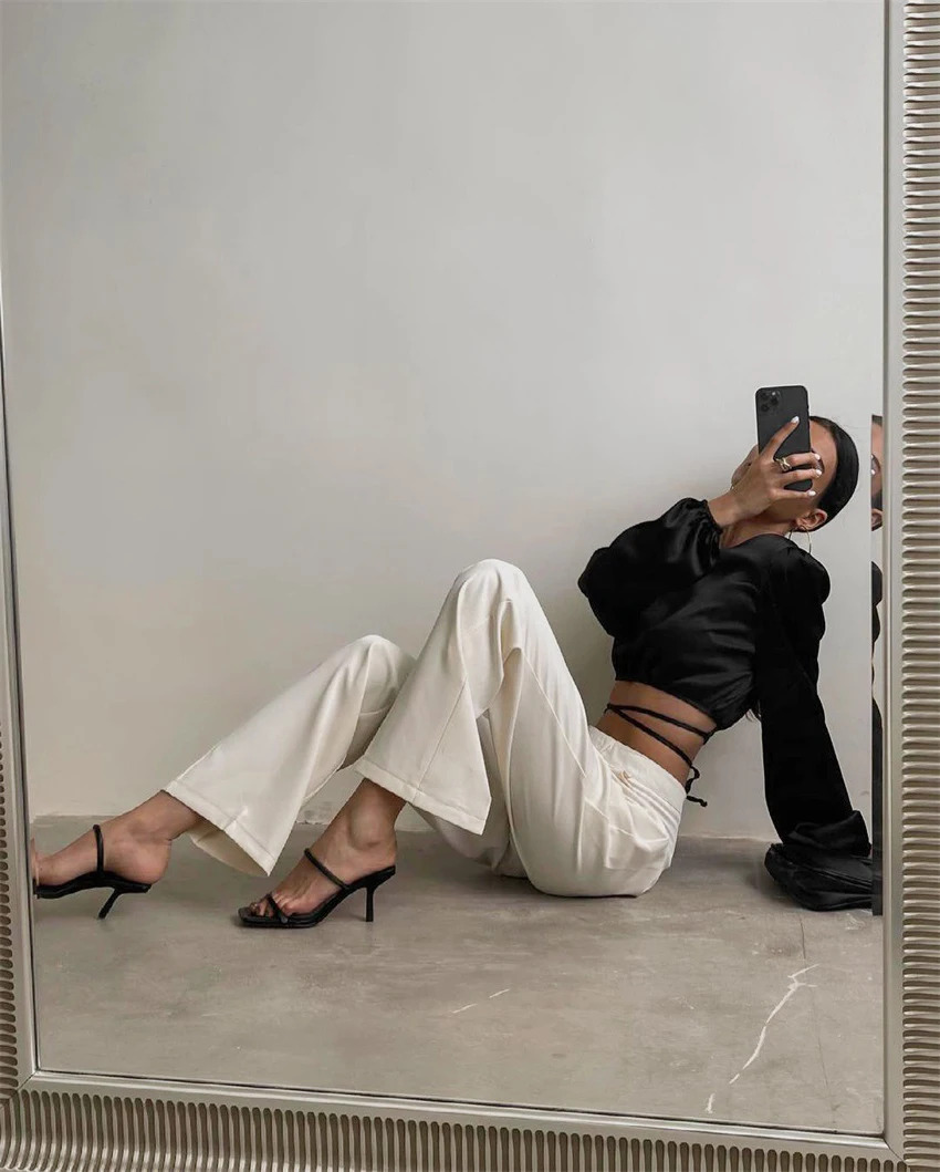 Sexy Backless Crop Top Lace Up Wrap Top Ladies Elegant Women Satin Shirt Silk O-Neck Blue Spring Summer Blouse