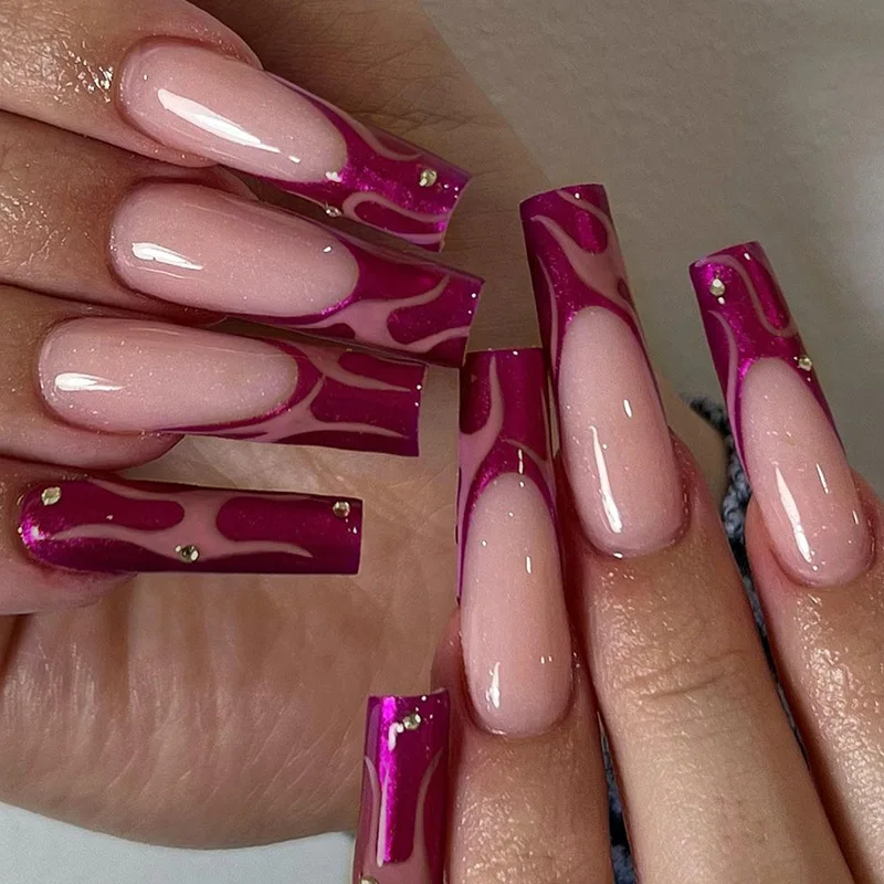 Hot Selling Diamond Long Ballet Aurora French Pink Purple Ripple Nail Art Diamond Glitter Fake Nails Press On Nails Handmade