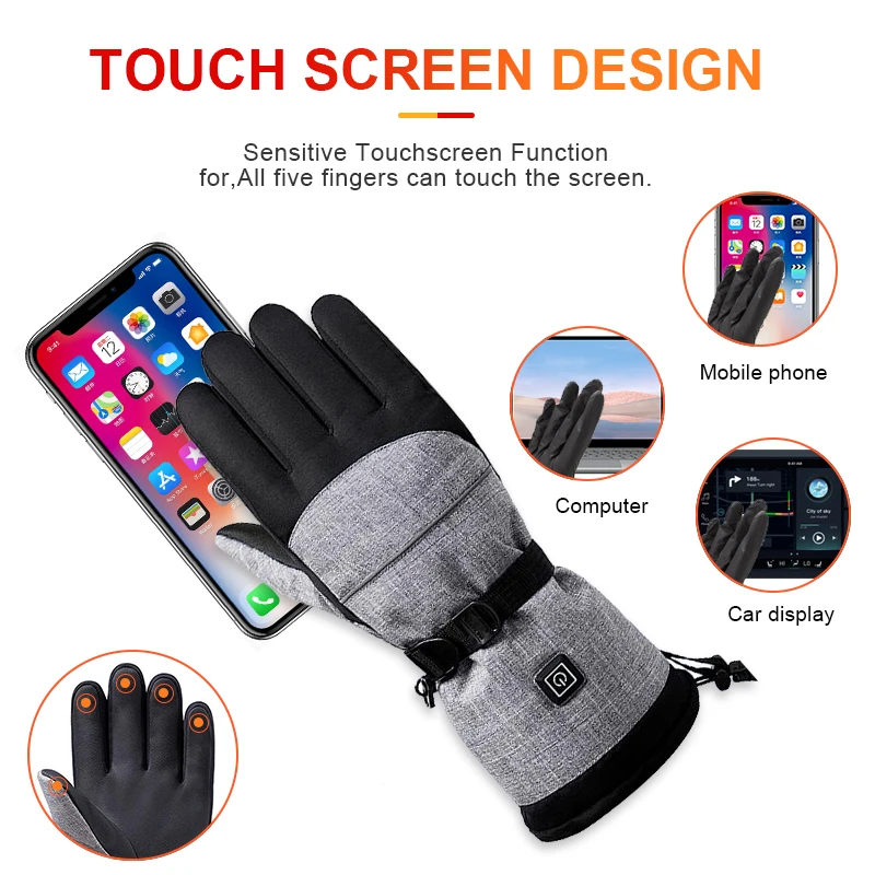Custom Printed Winter Waterproof Windproof Outdoor Touch Screen Heated Motorcycle Riding Gloves