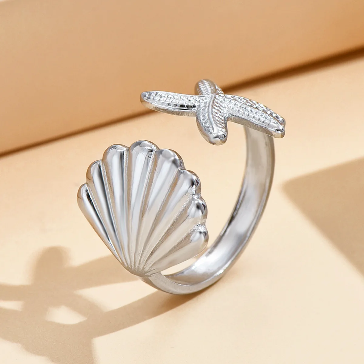 new boho 304 stainless steel sea starfish shell charm between the finger rings jewelry for women waterproof hypoallergenic