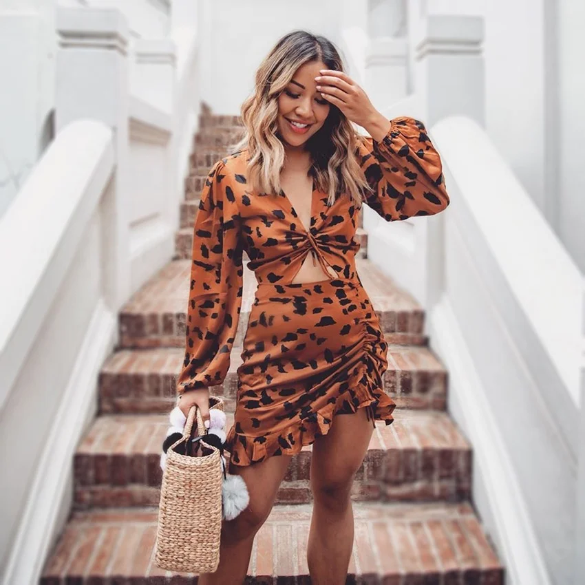 Women Leopard Print Dress V-neck Long Sleeve Sexy Bodycon Mini Ruffle For