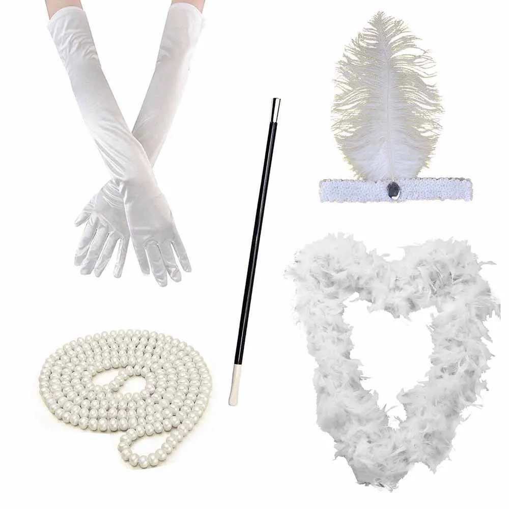 1920s accessories Vintage Headband Black Ostrich Feather Glove Cigarette Holder Flapper Headband Set