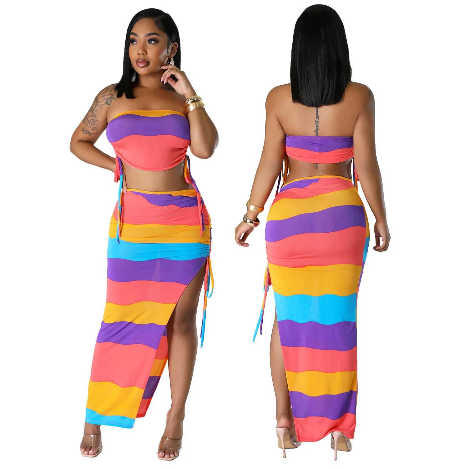 New fashion sleeveless top+split skirt sexy casual print slim fit lace up 2 pieces sets elegant street suits women clothing