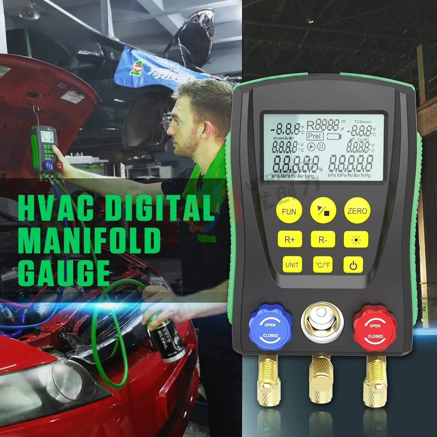 HAVC High quality r410 r1234yf stainless steel digital manifold gauge set refrigeration psi & bar