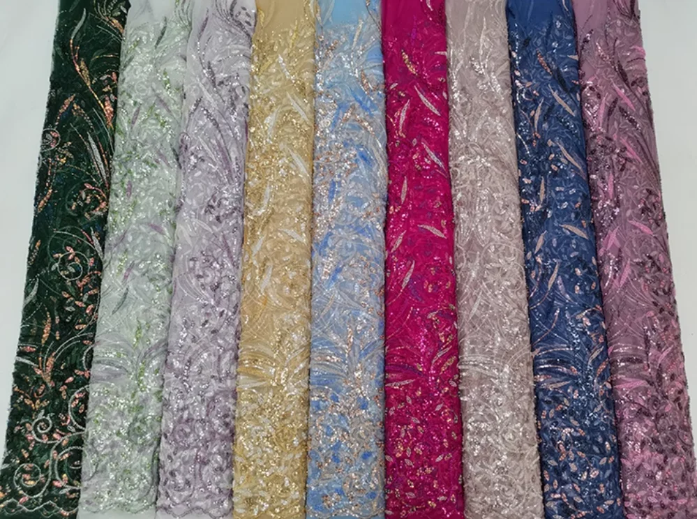 Width 125 cm Polyester Embroidered Tulle mesh fabric gold Sequins beads fabric for women fashion wedding bridal dress