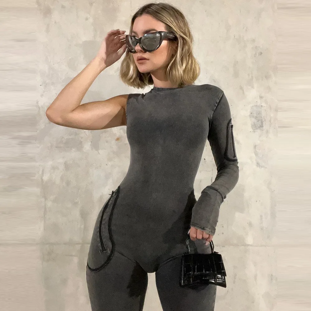 Designer Ladies Jeans Jumpsuit Gray One Sleeve Pockets Zipper Denim Rompers Flare Pants Jumpsuits