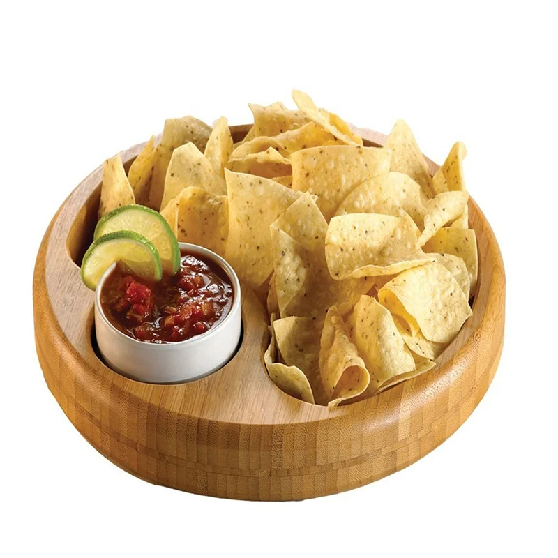 Bamboo christmas Taco Chip and Dip tray Snacks Appetizer Serving plate with ceramic sauce bowl