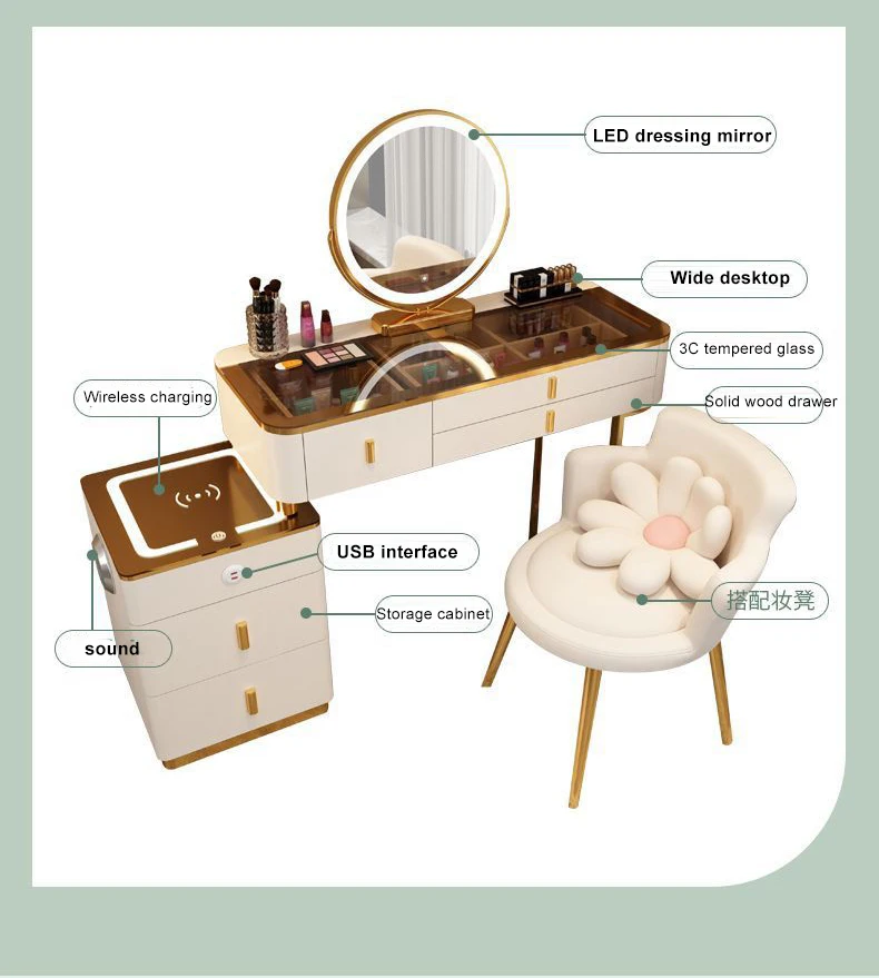 Nordic Style White Dresser Wooden Vanity Desk  Bedroom  Makeup Dressing Table With lighted Mirror and wireless charging function