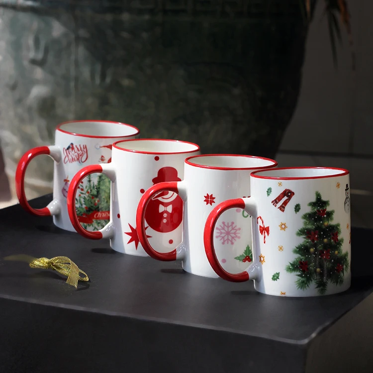 Nanyi High Quality Hand Made Reusable Christmas Red Handle Coffee Mug Ceramic For Gift