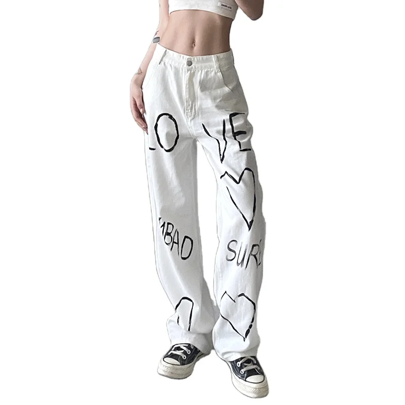 European and American hip pop style lady letters printed white color jeans straight casual pants