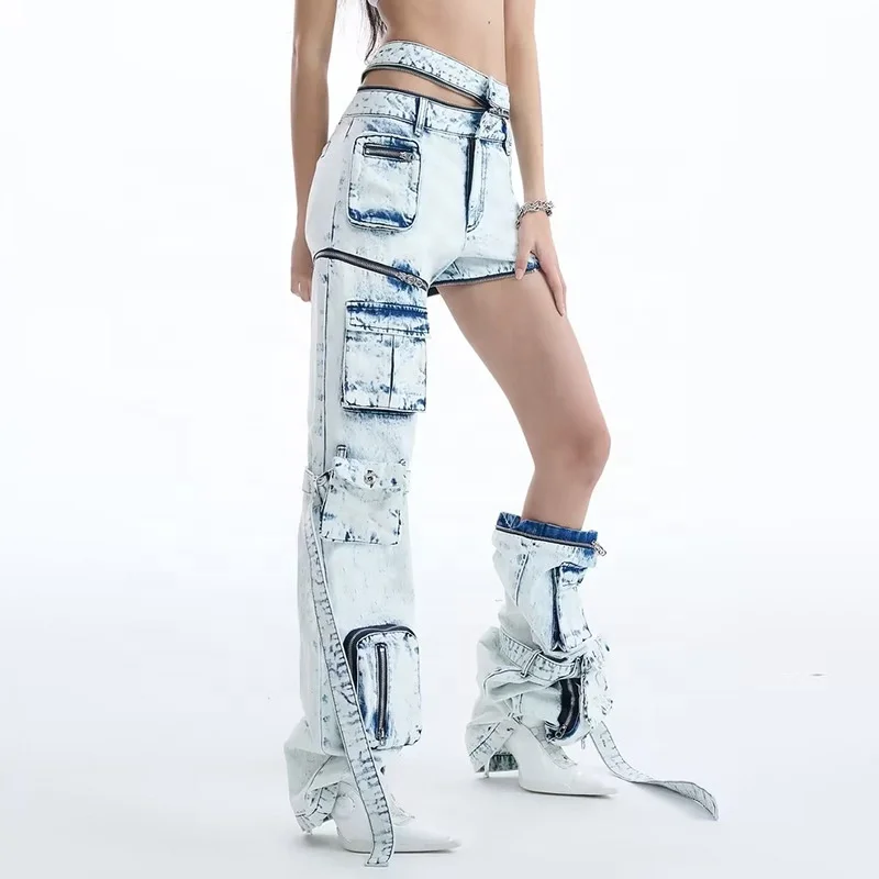 OUDINA Fashion Personality Hollow Deconstructed Pocket Denim Trousers Mujer Femmes Women Pants Cargo Jeans