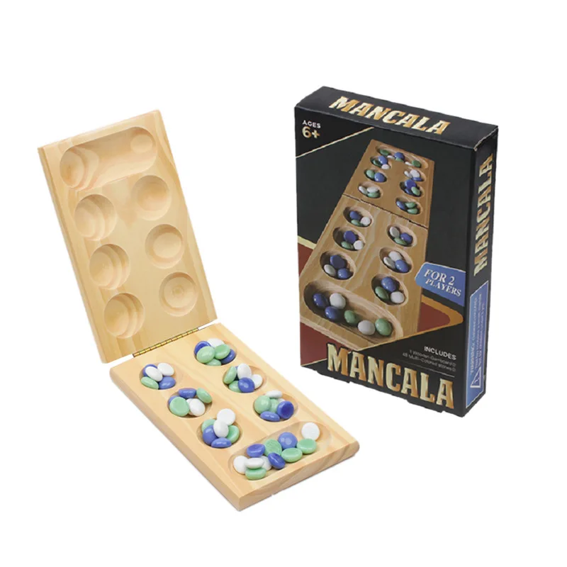 Custom wooden foldable mancala board game checkers wood ludo travel adults kids glass stones mancala board game