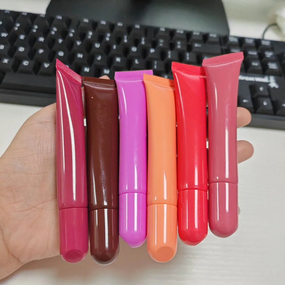 Pink Brown Hyaluronic Acid And Peptide Lip Glosses Peptides Balm Treatment With Glitter