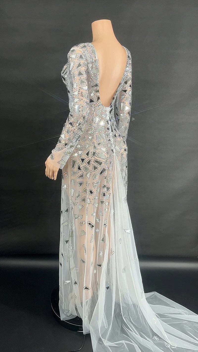 Customized Plus Size Singer stage show Sliver Sequin Mermaid Evening Dress Sexy High Slit Long Sleeve Party Mirror Dresses
