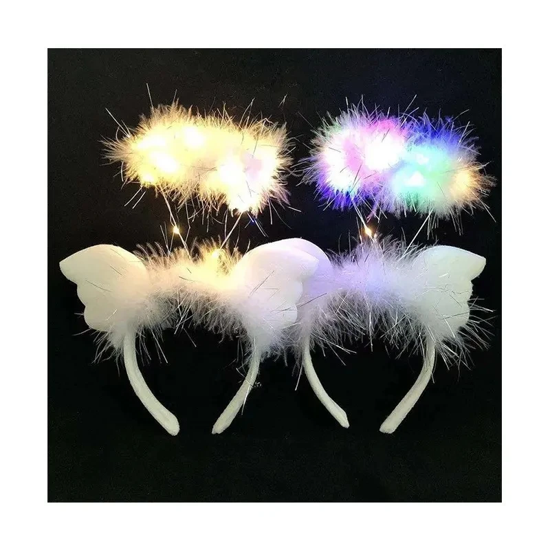 Wholesale Bridesmaid Wedding Party Show Girls LED Light Angle fur Headband Women Toy Plush Flashing Wing LED Headband Headpiece