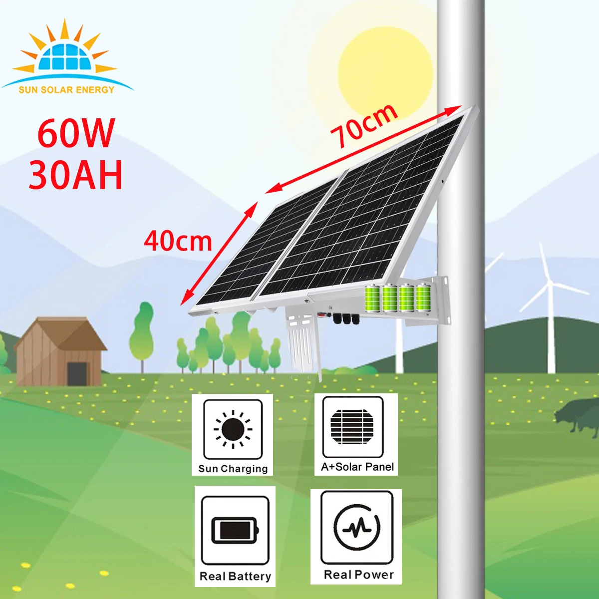 Long working Rechargeable solar panels 60W off grid DC12V 30AH 333WH outdoor complete solar energy system for water sensor