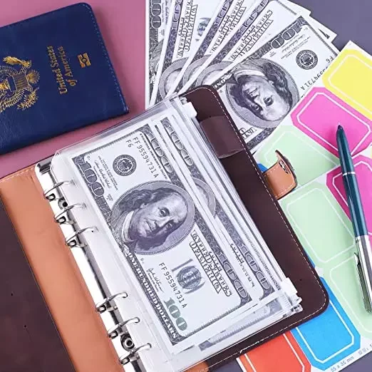 Hot Sale A6 Transparent binder pocket Waterproof loose leaf pocket Cash budget Envelope System PU Leather Notebook wallet Book
