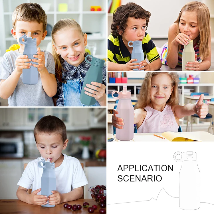 Custom Printed Outdoor Portable Kids Drinking Water Bottle Drink Cup Children Bpa Free Silicone Sports Water Bottle With Straw