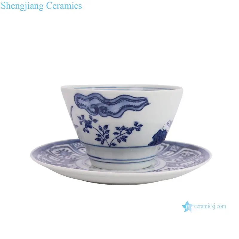 RXBR01-A  Blue and White handpainted  flower and bird pattern Ceramic Coffee Cup with Plate