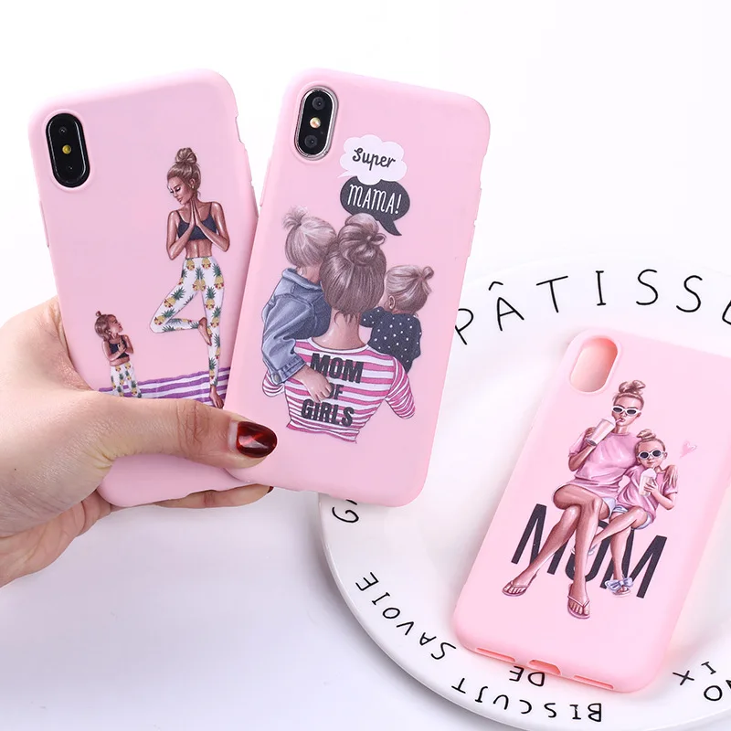 Mother and child drawing cartoon pink phone case for iphone 11 pro max ,for Xiaomi 9 SE cover case