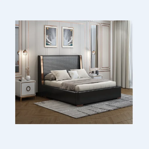 Rose gold mirror decoration modern bedroom Microfiber leather beds Comfortable double bed