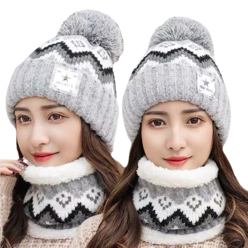 H31 Women Warm Winter Pom Beanies Hat & Scarf Set Thicken Knit Hat Cycling Ski Skull Cap Neck Warmer Winter Hat and Scarf