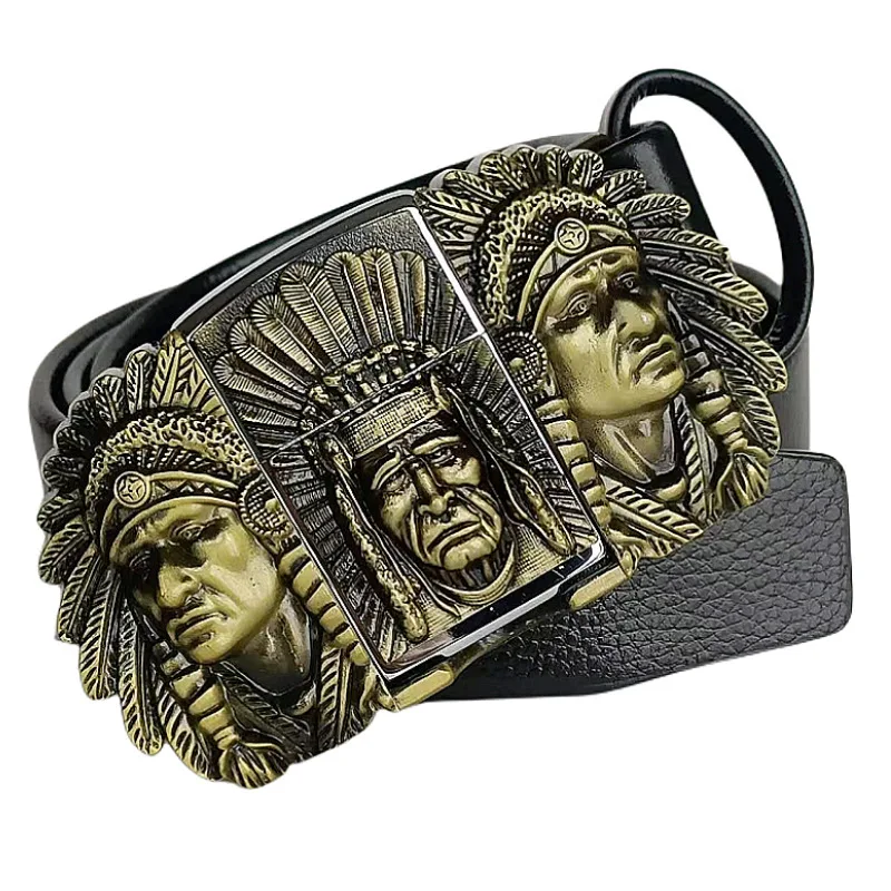 Wholesale Fashion Designer Belt Men Leather Zinc Alloy Double Dragon Western Fire Lighter Buckle Belt