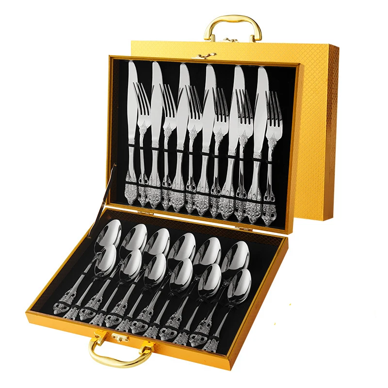 Royal Stainless Steel Dinnerware Set Vintage Palace Style 12/16/24 Pcs Knife Fork Spoon Cutlery Set