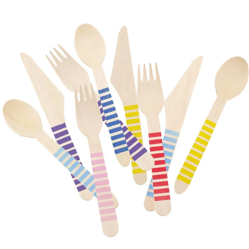620056 18pcs Colorful Wooden Cutlery Disposable Wood Eco friendly fork knife spoon Tableware sets Party   Utensil kit Flatware