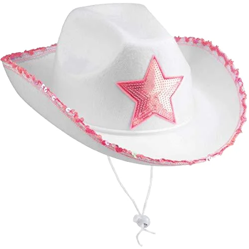 White Cowboy Hat with Pink Sequins Star Adjustable Neck-String Unisex Play Costume Accessories for Themed Party Dress-Up