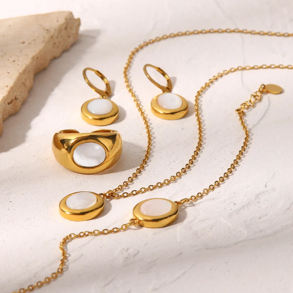 New design  18K Gold Plated Stainless Steel Jewelry Set Shape White Cat Eye Opal Stone Pendant Necklace