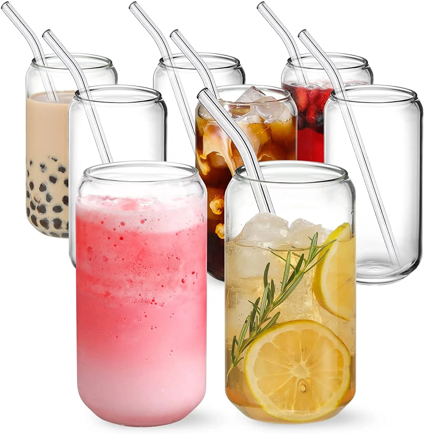 Drinking rounded rim 16oz Can Shaped Glass Cups with 4pcs reusable Glass Straw and 2 Cleaning Brushes